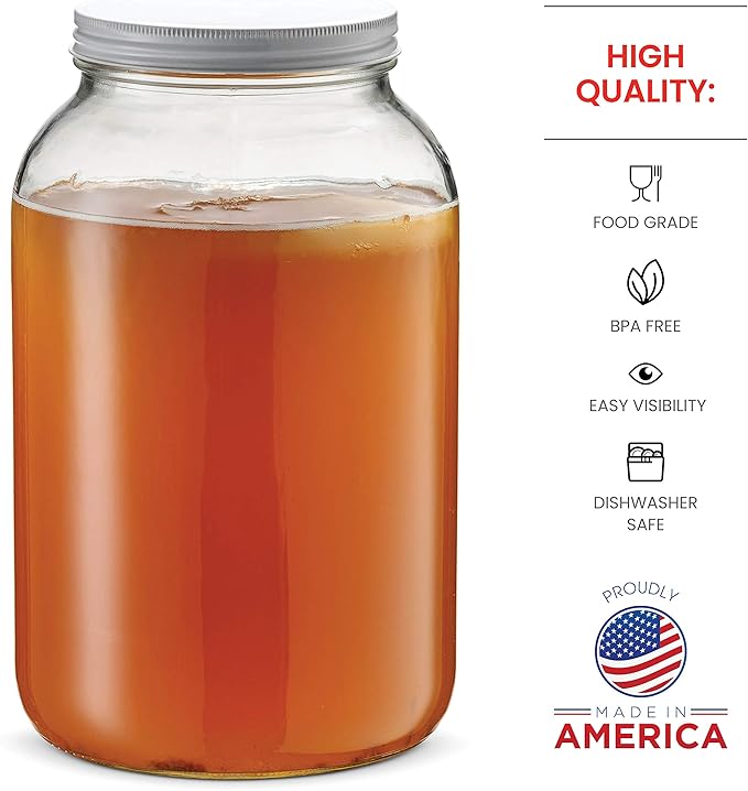 1 Gallon Glass Jar With Lid – 2 Pack Large Glass Jar With Airtight Metal Lids - USDA Approved BPA-Free Dishwasher Safe, Wide Mouth Sun Tea Jar, Gallon Mason Jar for Storage, Fermenting, And Brewing
