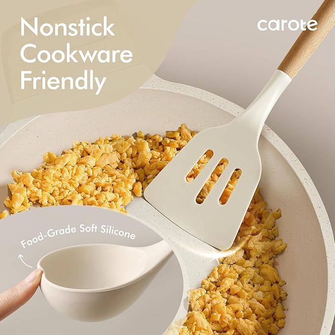CAROTE Silicone Cooking Utensils Set, Kitchen Utensils Set 16 Pcs for Cooking,BPA Free Spatula Set,446 ℉ Heat Resistant Wood Handles for Nonstick Cookware (Cream White)