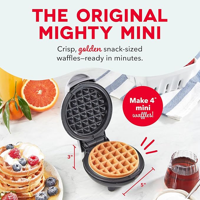 Dash Mini Waffle Maker- Compact Electric Iron for Creative Homemade Treats - PTFE nonstick surface - Easy-to-Clean - Perfect for Kids & Families - Silver