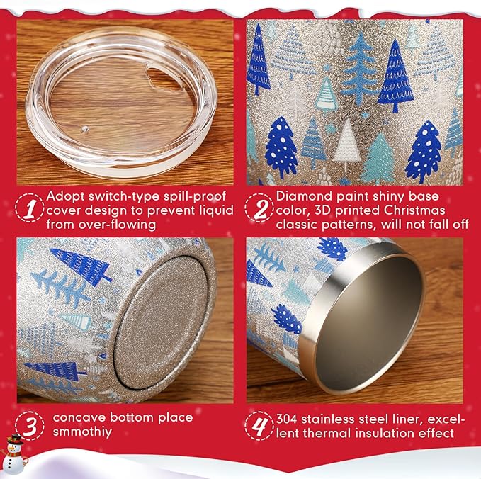 Sliner 6 Pack Pack Christmas Glitter Tumbler Bulk, 12 oz Holiday Wine Tumbler Set Stainless Steel Insulated Sparkling Glitter Cup with Lids Straws and Brushes Travel Mug Xmas Gift (Snowflake Style)