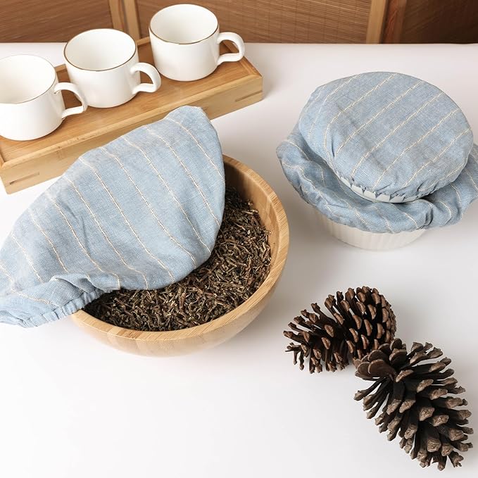 100% Linen Stripe Bowl Covers Reusable For Bread Proofing, 4 Pcs Elastic Cloth Fabric Bowl Covers, 5.9 * 7.9 * 9.8 * 11.8 Inches, Blue