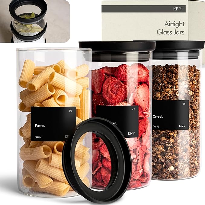 KIVY Airtight Glass Jars with Lids & Labels [3x 40oz] Stackable Glass storage jars with airtight lids - Glass Jars with airtight lid - Food Glass canisters with air tight lids - Pantry containers