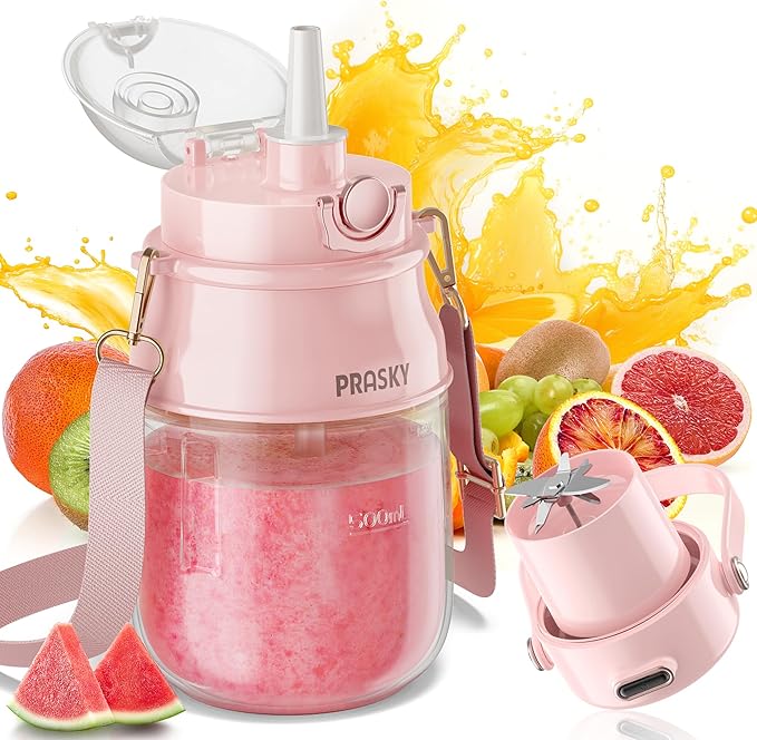 Portable Blender, Prasky Personal Blenders for Shakes and Smoothies with 27oz Cup, Lid and Shoulder Strap, Type-C USB Rechargeable, Personal Size Blenders BPA-free for Travel/Kitchen (Light Pink)