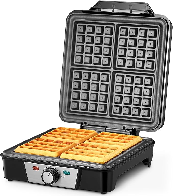 Belgian Waffle Maker 4 Slices, 1200W Waffle Iron, Anti-Overflow Waffle Iron with Browning Knob, Nonstick Plates, Indicator Lights, Silver/Black (Black, Silver)