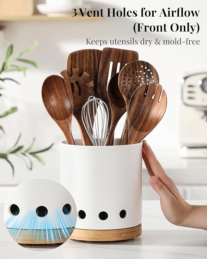 LoeJan 360° Rotating Ceramic Utensil Holder for Kitchen Countertop – Cooking Utensil Crock Organizer with Non-Slip Cork Base for Farmhouse Kitchen Decor, Textured White