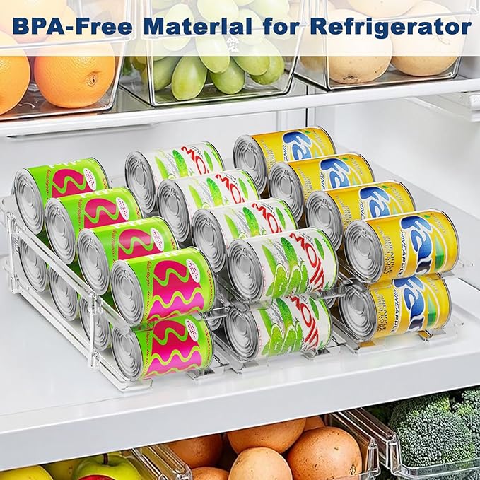 Dayacoco Can Organizer For Pantry,3 Sets 4 Tiers Pantry Organizers And Storage, Pantry Organizer for Fridge 36 Standard and Tall Cans Rack Automatic Rolling Stackable Canned Food Organizer, Clear