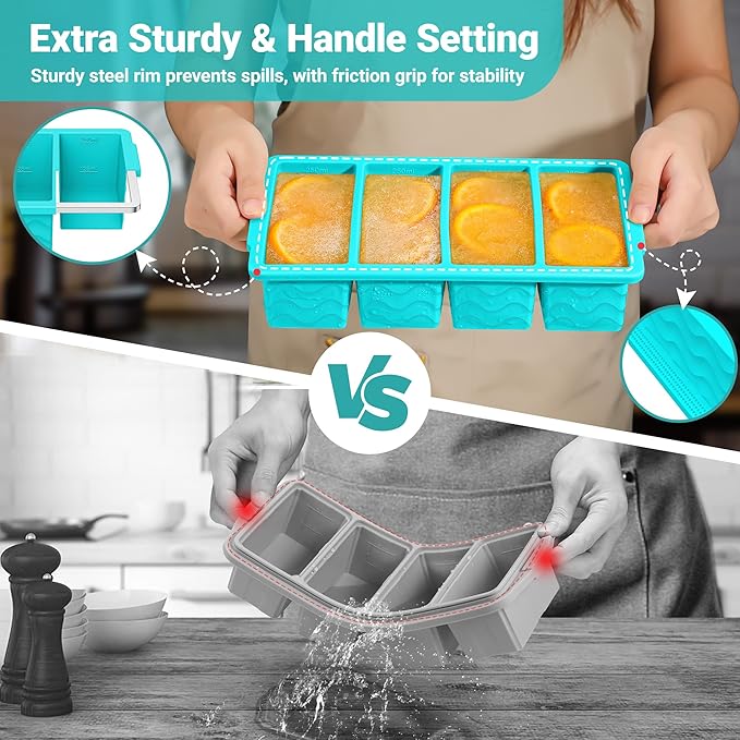 Silicone Freezer Molds for Soup with Lid, 1-Cup & 2-Cup Large Ice Cube Trays Food Storage Containers for Meal Prep, Freeze 500mL/250mL/125mL Portions – 2 Pack