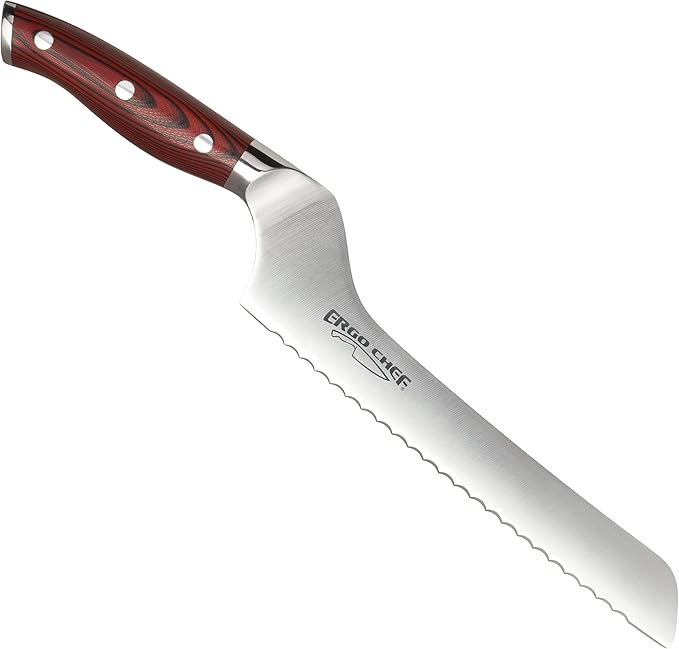 Ergo Chef Crimson Series 8-Inch Serrated Offset Bread & Deli Knife - High-Carbon German X50CrMoV15 Stainless Steel Blade - Durable G10 Fiberglass Handle