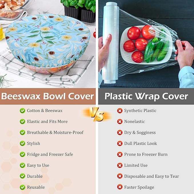 5-Size Reusable Beeswax Bowl Covers for Bread Proofing, Cotton Cloth Flexible Beeswax Wraps for Food Storage(Rainbow Floral)