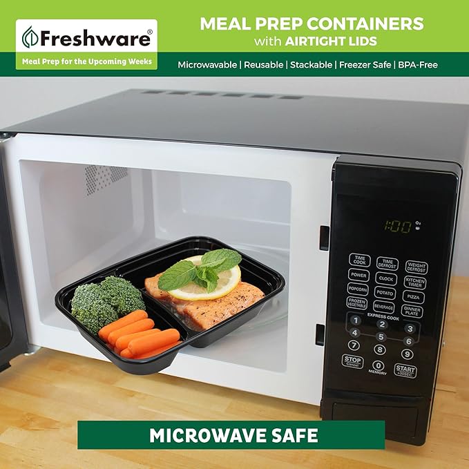 Freshware Meal Prep Containers [15 Pack] 2 Compartment with Lids, Food Storage Containers, Bento Box, BPA Free, Stackable, Microwave/Dishwasher/Freezer Safe (28 oz), Black