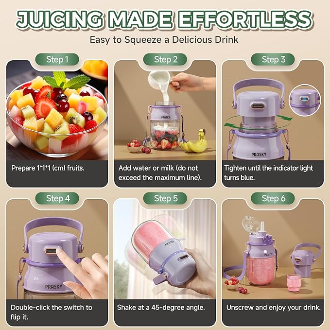 Portable Blender, Prasky Personal Blenders for Shakes and Smoothies with 27oz Cup, Lid and Shoulder Strap, Type-C USB Rechargeable, Personal Size Blenders BPA-free for Travel/Kitchen (Purple)
