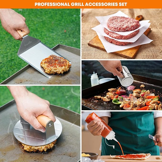 Stanbroil 5 Piece Smash Burger Press Kit for Flat Top Grill - Stainless Steel Grill Spatula and Burger Smasher, Spice Shaker, Squeeze Bottles and Patty Paper for BBQ Griddle Cooking