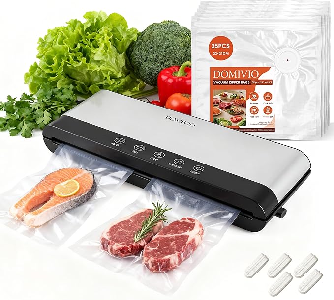 4-in-1 Vacuum Sealer Machine + 25-Pack Reusable 8.7″×8.3″ Vacuum Zipper Bags & 5 Clips – 85 kPa Suction, LED Touch Panel, Built-in Cutter, Dry & Moist Modes, BPA-Free Food Preservation Kit