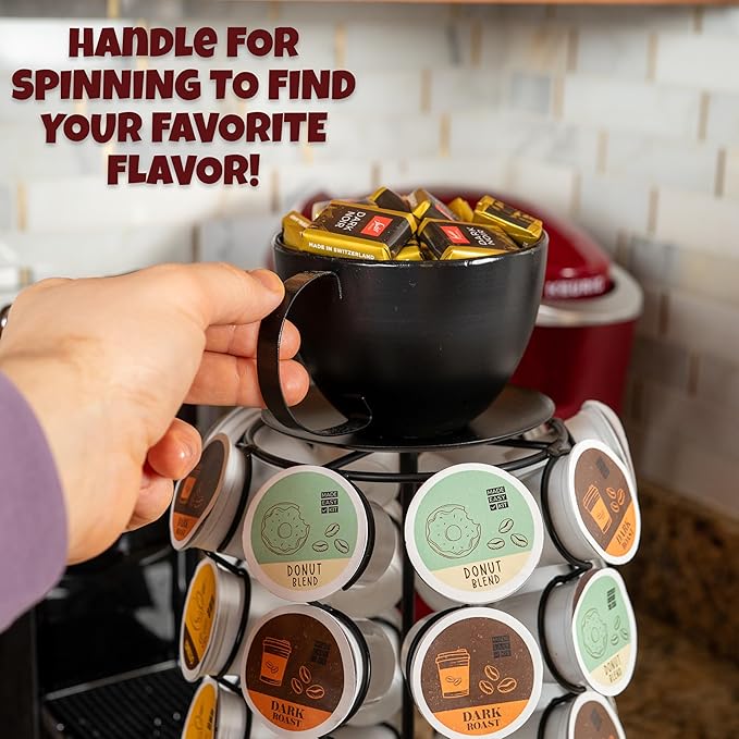 Made Easy Kit Carousel Coffee Pod Organizer - Compatible with Keurig K-Pods K-Cups - Countertop 360 Spin Rack Storage - Lazy Susan Revolving Base Metal (Black Coffee Mug, Large (40 Pods))