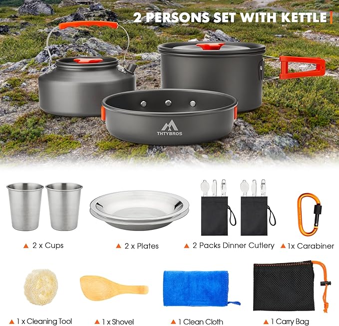 THTYBROS 17pcs Camping Cookware Kit, 0.45Gal Pot, 7inches Pan,0.30Gal Kettle Set with 2 Set Stainless Steel Cups Plates Forks Knives Spoons for Hiking