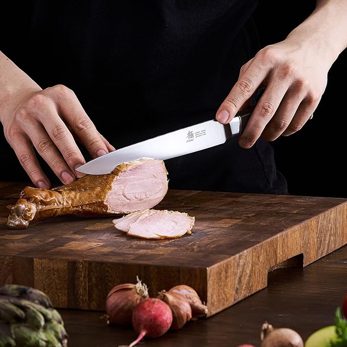 KYOKU 8 Inch Carving Knife - Daimyo Series - Meat and Fruit Slicing Knife with Ergonomic Rosewood Handle, & Mosaic Pin - Japanese Style 440C Stainless Steel Kitchen Knife with Sheath & Case