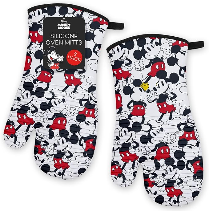 Disney Silicone Oven Mitts Heat Resistant – Set of 2 Long Cuff Cotton Kitchen Mitts with Silicone Grip Stripes, Cute Oven Mitts & Pot Holders for Cooking, Baking & Kitchen Essentials- Mickey