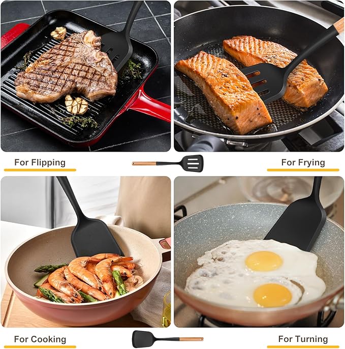Pack of 2 Silicone Spatula Set with Elegant Wooden Handle, Heat Resistant Solid & Slotted Turner for Non Stick Pans, Great Kitchen Spatulas, Cooking Utensils for Sautéing, Frying, Flipping -Black