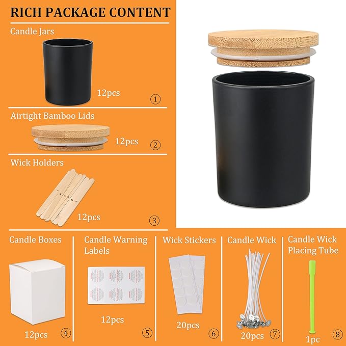 MILIVIXAY 12 Pack 12 OZ Black Matte Glass Candle Jars with Lids and Candle Making Kits - Bulk Empty Candle Jars for Making Candles - Spice, Powder Containers.