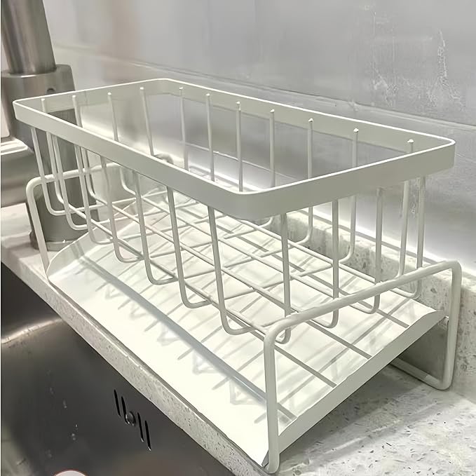 Stainless Steel Kitchen Sink Caddy, Sponge Holder Self Drain Soap Dish with Detachable Dishcloth Rack for Kitchen Countertop Organizer, White