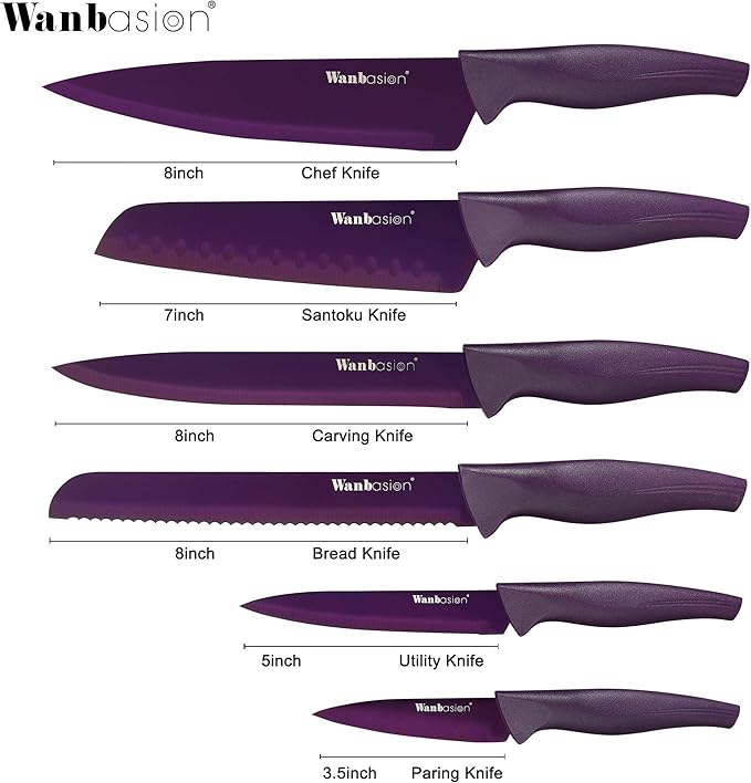 Wanbasion Purple Professional Kitchen Knife Chef Set, Stainless Steel, Dishwasher Safe with Covers