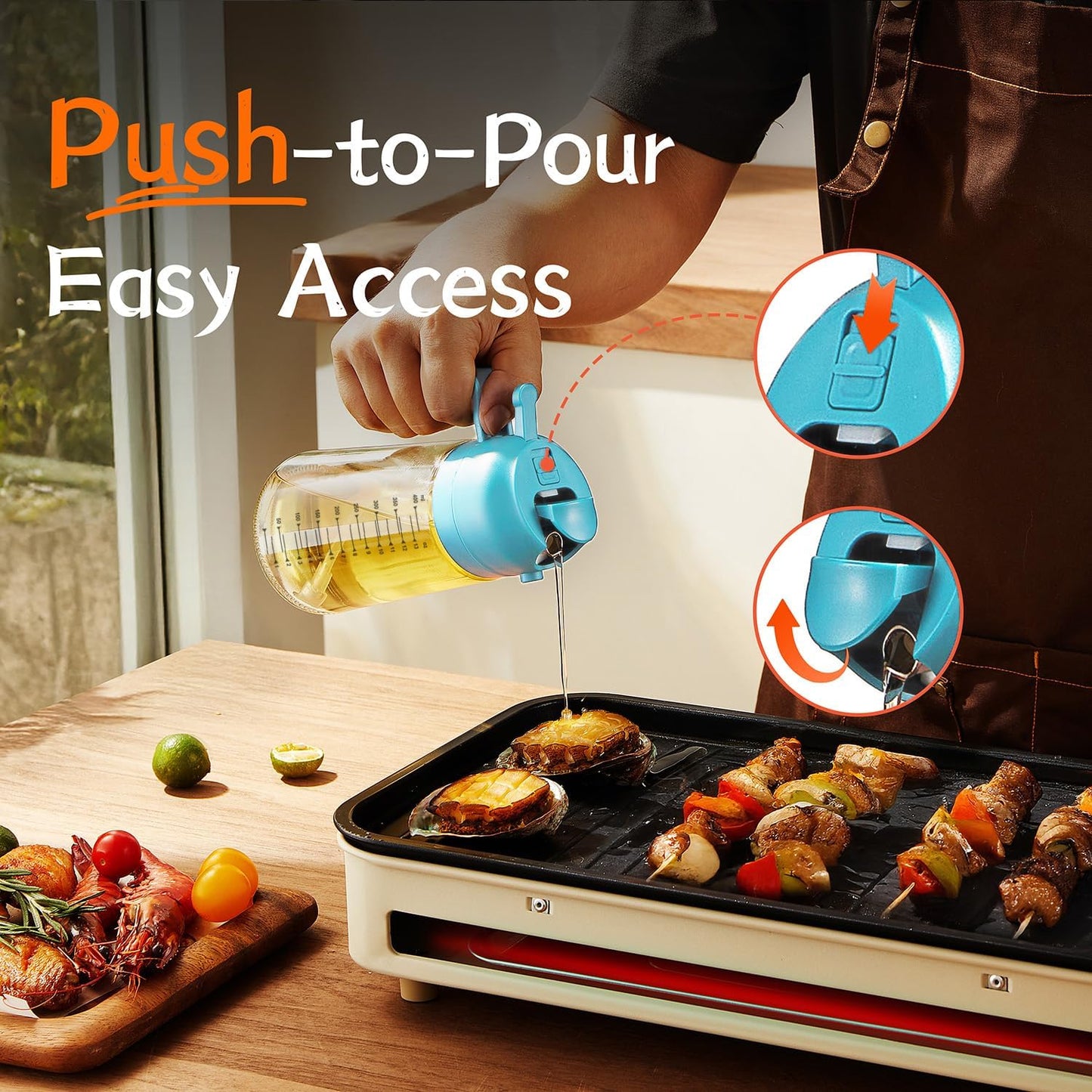TrendPlain 16oz/470ml Glass Olive Oil Sprayer for Cooking – 2 in 1 Olive Oil Dispenser Bottle for Kitchen Gadgets and Air Fryer Accessories, Salad, BBQ - Sky Blue