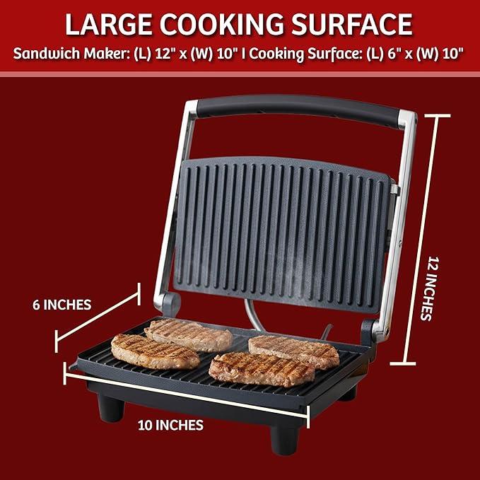 Panini Press Gourmet Grilled Cheese and Sandwich Maker - Electric Indoor Grill with Drip Tray for Healthy Cooking Options (Silver)