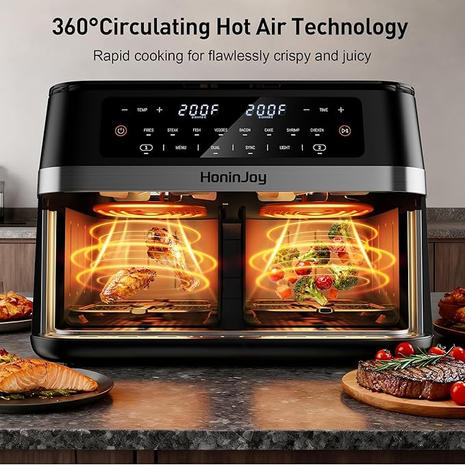 12QT Large Double Basket Air Fryer with 50PCS Paper Liners and Viewing Window, 12-in-1 Digital Touchscreen Dual Zone Air Fryers for Easy Meal, SyncCook to Roast,Reheat,Broil, Dishwasher Safe