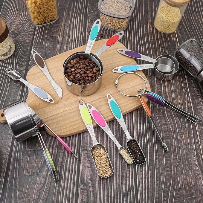 Magnetic Measuring Cups and Spoons Set, 15 Piece Stainless Steel Measuring Cups and Spoons for Measure Dry and Liquid Ingredients (Colorful)