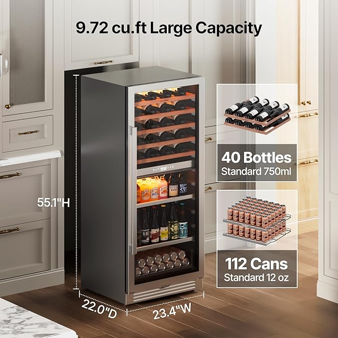 Ca'Lefort 24 Inch Wine & Beverage Refrigerator - 112 Can + 40 Bottle Dual Zone 34-65°F Cooler, 7 Adjustable Shelves & 3 LED Lights, Energy Star Certified Built-in/Freestanding for Home/Bar/Kitchen