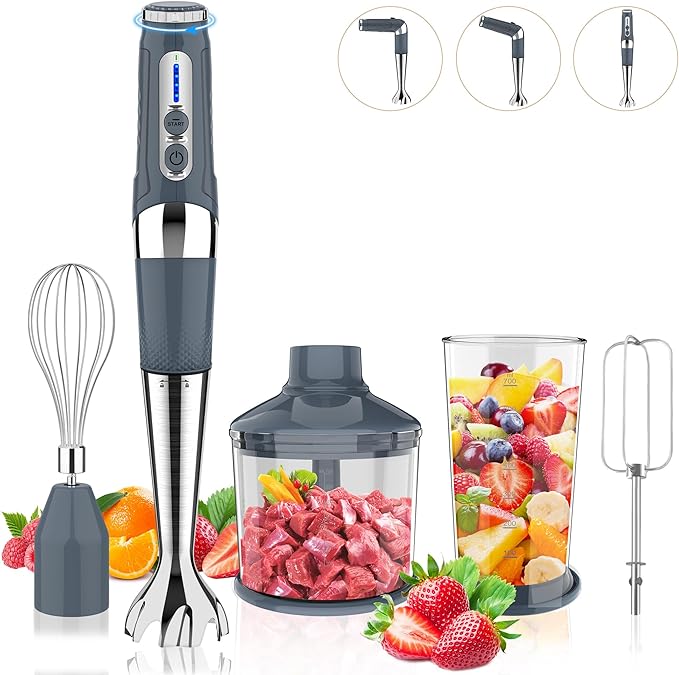 Toogel Cordless Immersion Blender, 4-in-1 Electric Hand Blender with 21-Speed & 3-Angle Adjust, USB Rechargeable, BPA-Free & Dishwasher Safe for Baby Food, Smoothies, Soup (Grey)