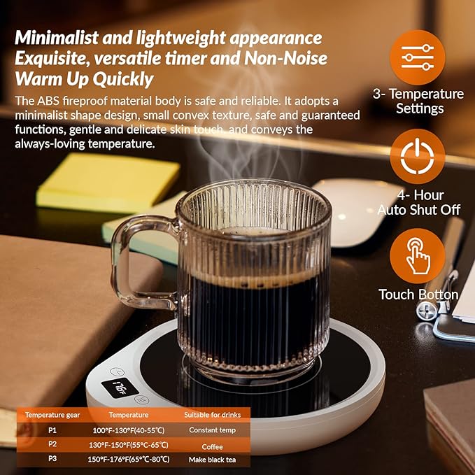 Mug Warmer, Upgrade Coffee Warmer & Cup Warmer for Desk with 3 Temperature Settings, More Hot Coffee Mug Warmer with Timer & 4H Auto Shut Off for Keep Best Flavor for Cocoa, Tea, Water, Milk, Black