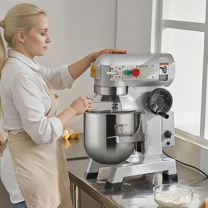 VEVOR Commercial Mixer, Commercial Food Mixer 10Qt Stainless Steel Bowl, 450W Commercial Stand Mixer with 3 Speeds Adjustable, Dough Hook Whisk Beater Included, Perfect for Bakery Pizzeria, Silver