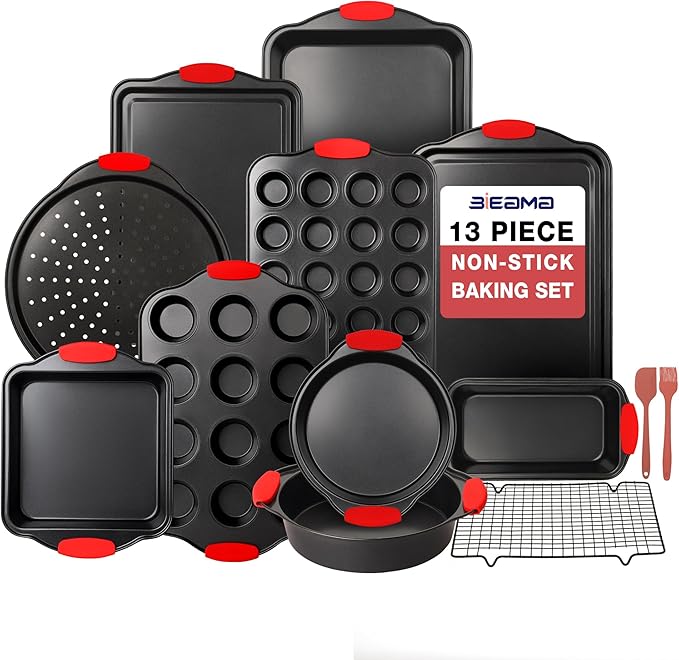 BIEAMA 13-Piece Baking Pans Sets, Nonstick Bakeware Sets, BPA-Free Carbon Steel Stackable, Cookie Sheet, Cake, Loaf, Pizza & Muffin Pan, Grey
