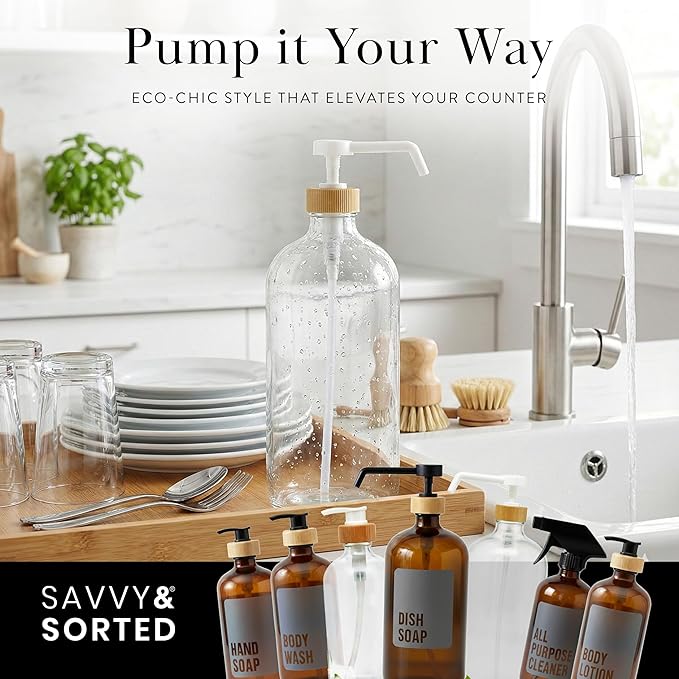 SAVVY & SORTED Glass Dish Soap Dispenser for Kitchen Sink 1 Liter, Hand Soap Dispenser for Bathroom, Refillable Clear Glass Bottles with White Bamboo Pump for Liquid Hand Wash, 34 Fl Oz