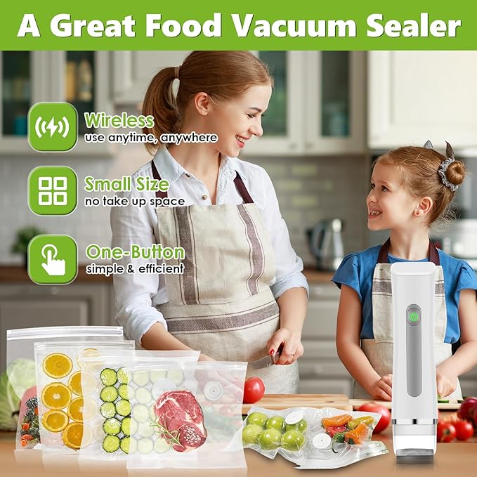 Vacuum Sealer for Food with Visible Water Tank, Handheld Vacuum Sealer Machine with 30 Reusable Bags, Compact Food Sealer Saver for 6X Preservation & Fresh, Wireless & Portable