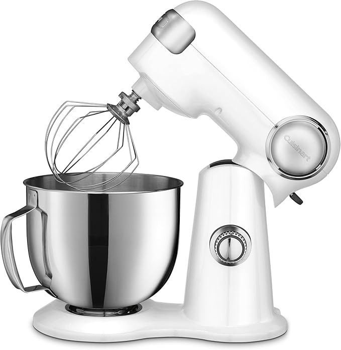 Cuisinart Stand Mixer, 12 Speed, 5.5 Quart Stainless Steel Bowl, Chef’s Whisk, Mixing Paddle, Dough Hook, Splash Guard w/ Pour Spout, White Linen, SM-50NAS, Manual