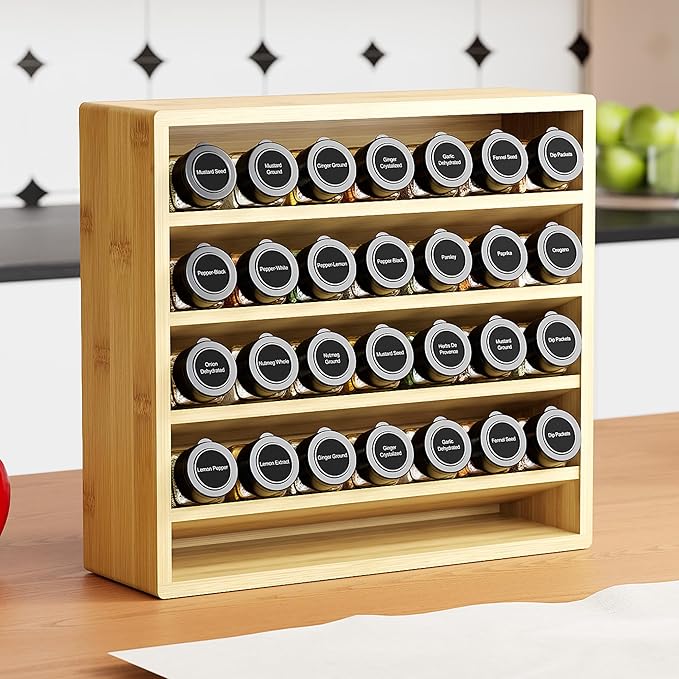 Orimade 4 Tier Spice Rack Organizer for Cabinet with 28 Plastic Spice Jars, Freestanding Bamboo Seasoning Rack for Countertop, Cupboard, Pantry, Kitchen, 13.18 x 4.13 x 12.2 inches