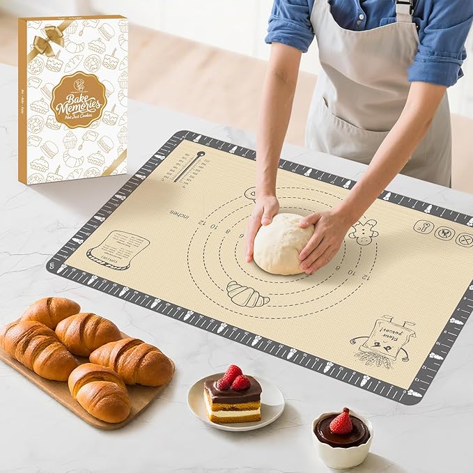 Silicone Baking Mat with Cookie Recipes, Extra Thick Silicone Mat for Baking Macaron, Bread, Pizza, Non Stick Pastry Mat for Dough Rolling Out, Heat Resistant to 480°F for Baker