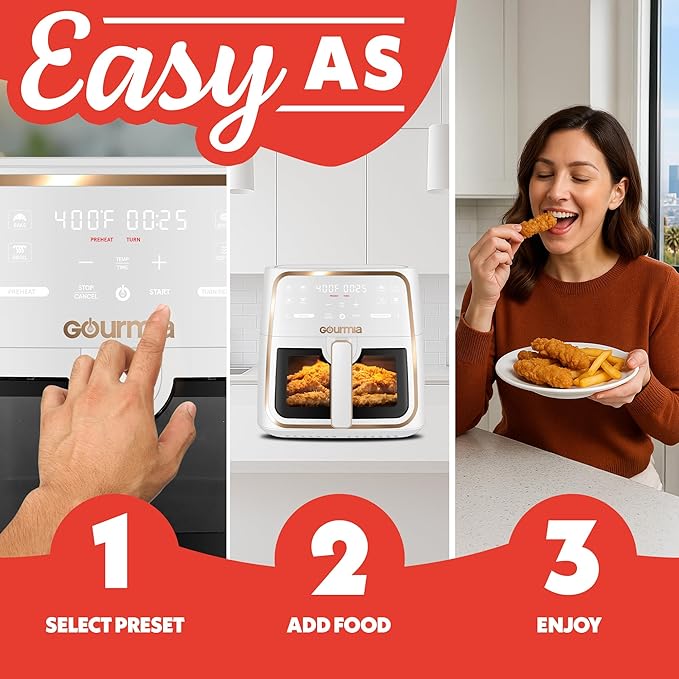 Gourmia 8 Qt Air Fryer, 8 Presets with Digital Display, FryForce 360° Technology, Easy View Window & Interior Light, Dishwasher Safe Basket, White