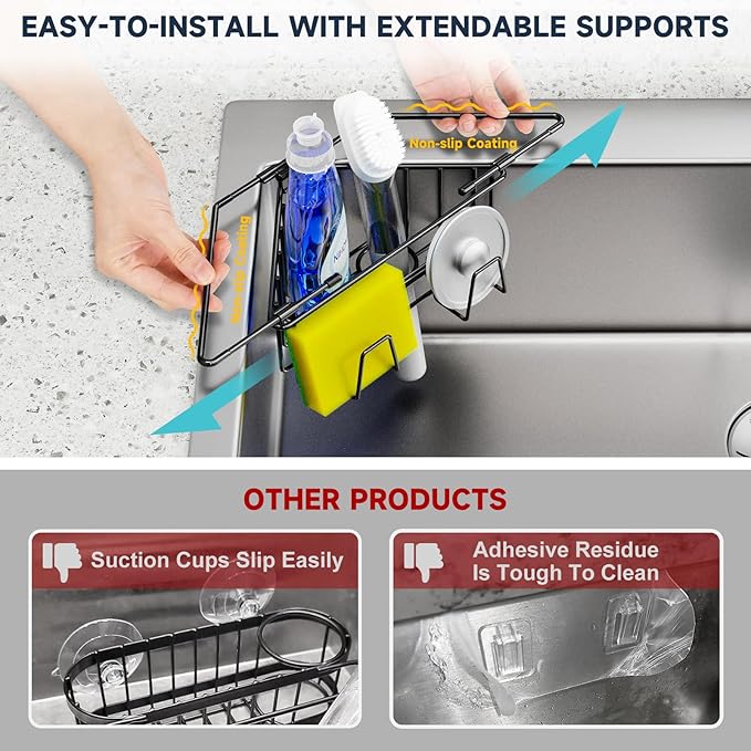 NiHome Extendable Arm Stainless Steel Kitchen Sink Corner Caddy, Easy Install Space-Saving Adjustable Sponge Holder, Non-Slip Rust-Resistant for Brushes, Soap, Sponges (Black)