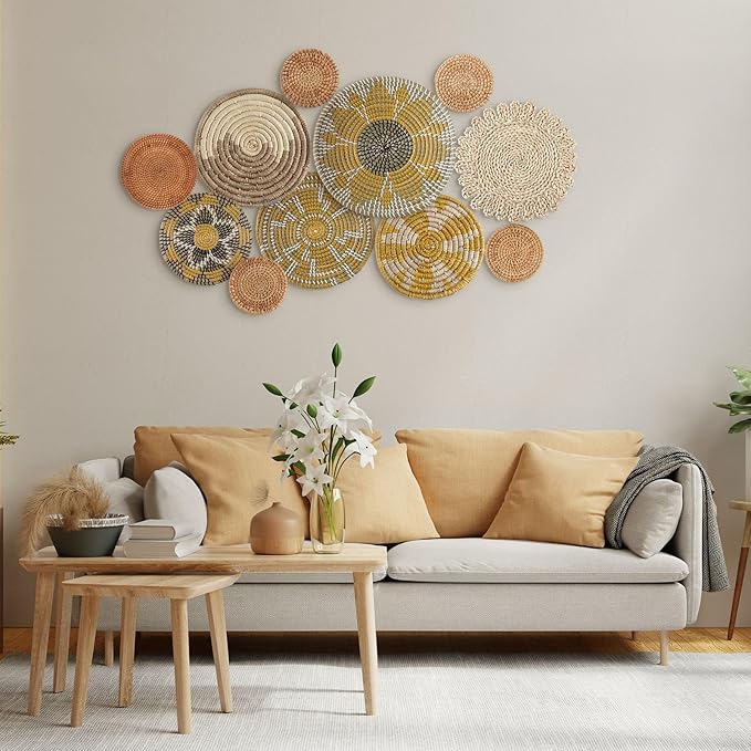 Tatuo 11 Pcs Boho Wall Basket Decor Bulrush Woven Wall Hanging Art Round Farmhouse Rustic Handmade Wicker for Summer Home, Bedroom, Living Room, Kitchen Decorations, Multi Sizes(Lively)