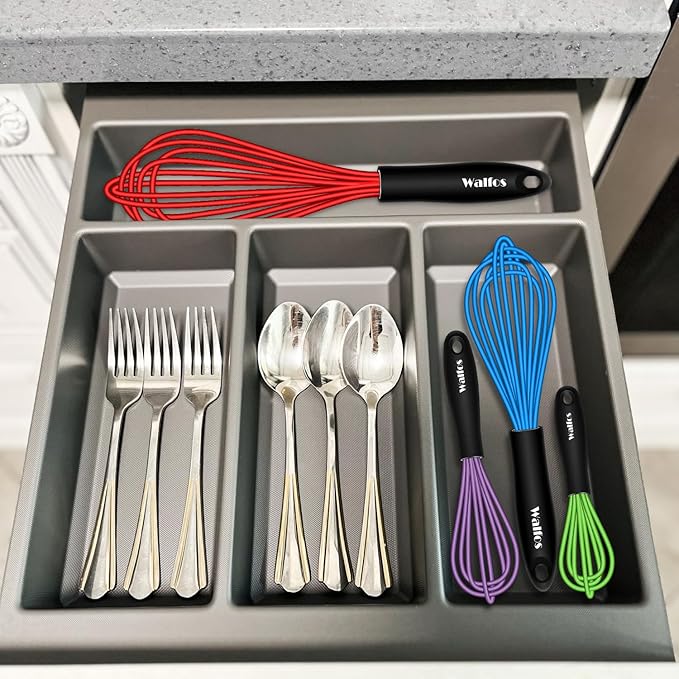 Walfos Whisk, Silicone Whisk Heat Resistant (480°F) Kitchen Whisks Set of 4- Professional Whisks For Cooking Non Scratch, Balloon Egg Wisk Perfect for Frothing, Blending, Beating