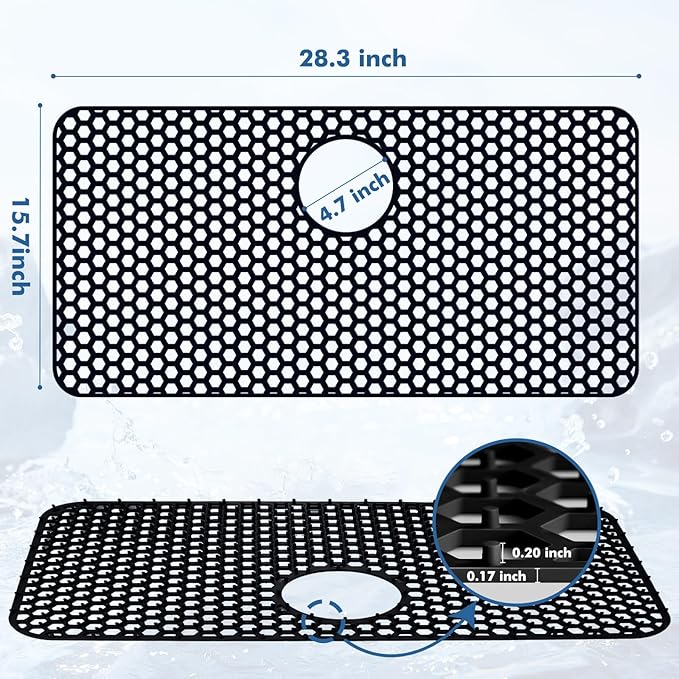 Bestjing Silicone Sink Protectors for Kitchen Sink with Rear Drain - 28.3"x 15.7" Kitchen Protector Accessory, Non-Slip Heat Resistan Mat for Bottom of Farmhouse Stainless Steel (Rear Hole, Black)