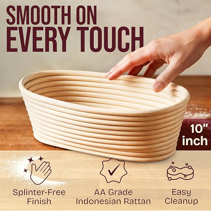 Superbaking 10" Oval Banneton Bread Proofing Basket – Sourdough Starter Kit for Crusty Artisan Style Loaves, Includes Essential Bread Baking Supplies & Tools - Ideal Gift for Bakers