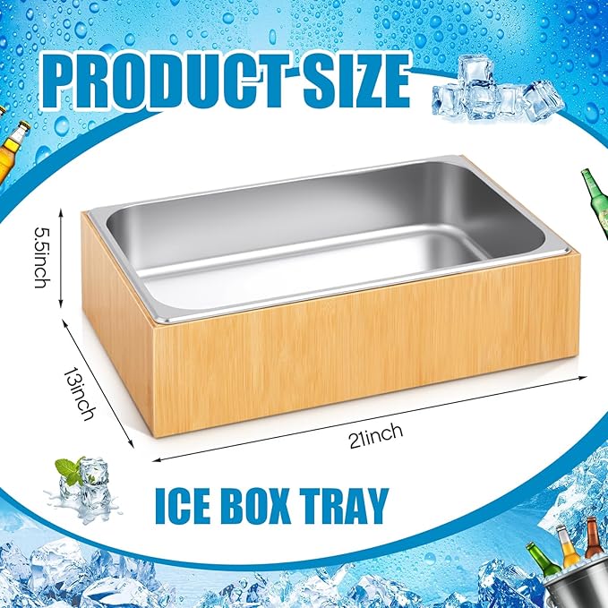 Ice Housing Bin with Removable Tray Ice Holder Container Wine Beer Champagne Drink Bucket Beverage Tub for Freezer Display Buffet Bar Counter Party Drink Chiller(Bamboo and Steel,21" X 13" X 5.5")