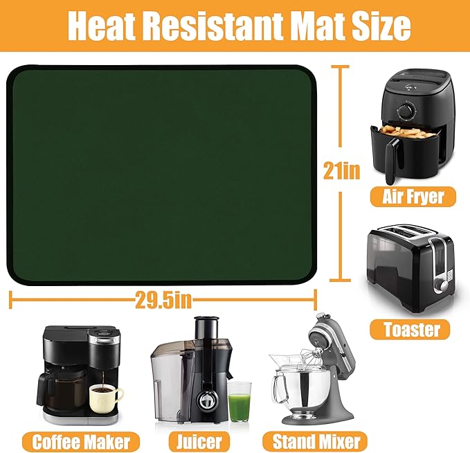 Heat Resistant Mats for Kitchen Countertop 21x29.5in,Coffee Mat,Coffee Bar Mat for Countertops,Air Fryer Deep Fryer Mat to Protect Quartz Countertop,Kitchen Hot Pad,Waterproof mat for Kitchen (Green)