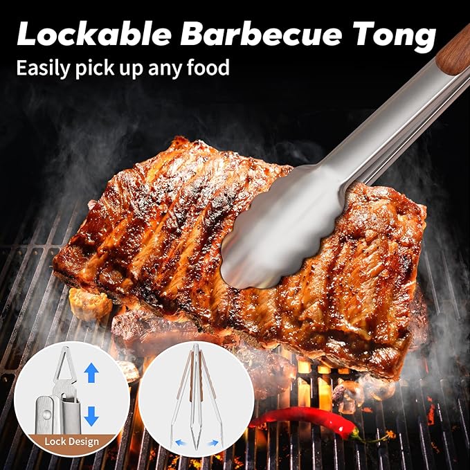ENLOY Heavy-Duty Barbecue Grilling Tools Set, Outdoor Grill Accessories with Spatula, Fork & Tongs, Extended Rosewood Handle & Food-Grade Stainless Steel for Barbecue & Grill, 3Pcs BBQ Tools for Men