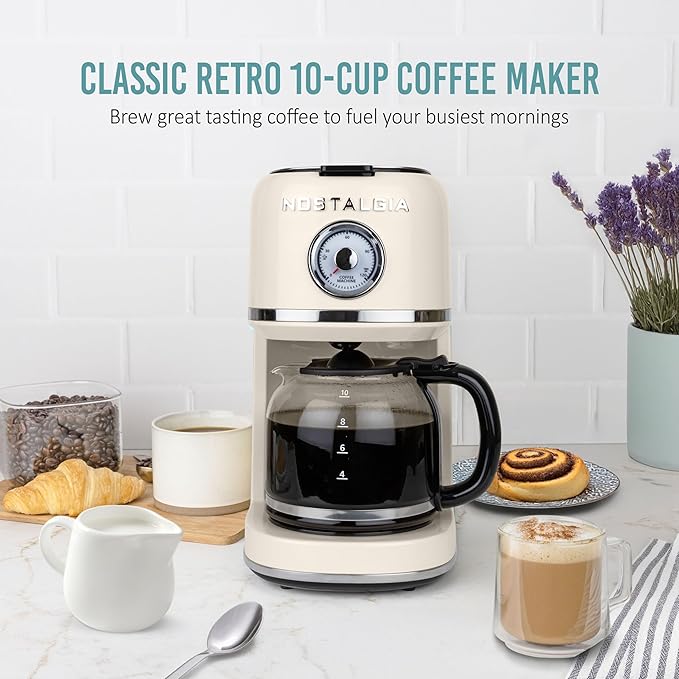 Nostalgia Classic Retro 10 Cup Coffee Maker - One-Touch Drip Brew, Reusable Filter - Anti-Drip, Auto Shutoff, & Time Display - Dishwasher Safe 50 oz Carafe - Cream