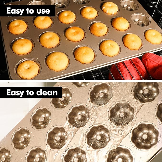 Webake 1.8" Mini Fluted Tube Cake Pan, 24-Cup Non-stick Bite Size Petite Fluted Cake Mold Heavy Gauge Carbon Steel Set of 2